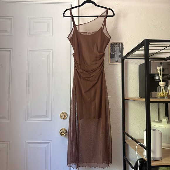 Find Me Now Dresses & Skirts - FIND ME NOW brown mesh knit asymmetrical sleeveless midi dress